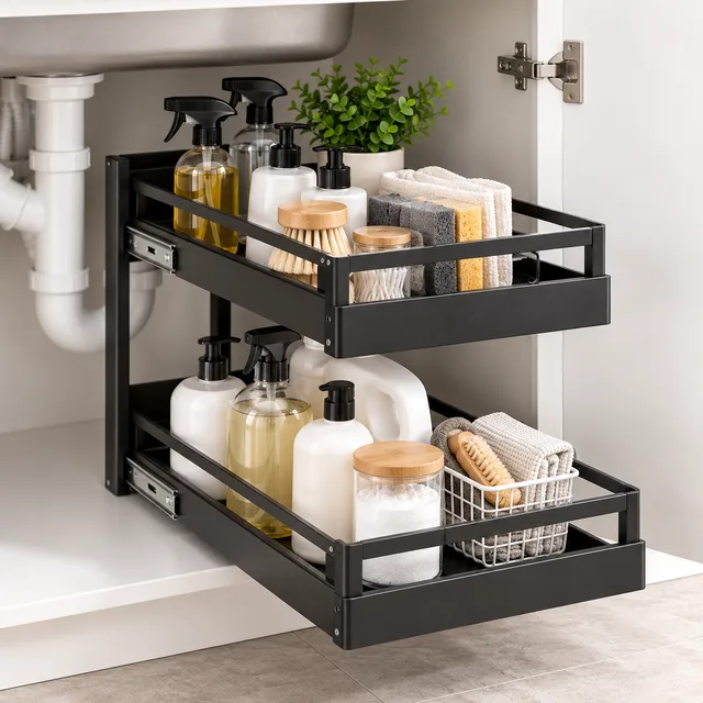 Delamu 2-Tier Multi-Purpose Bathroom Under Sink Organizers and Storage, White, 2 Pack – illustrative product image