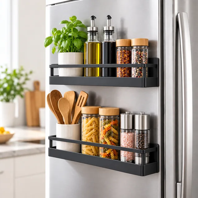 HuggieGems Metal Magnetic Spice Rack for Refrigerator Black, 4 Pack – illustrative product image