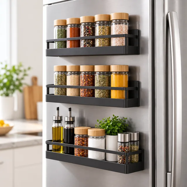 Sevenblue 4-Pack Magnetic Spice Rack for Refrigerator with Hooks – illustrative product image